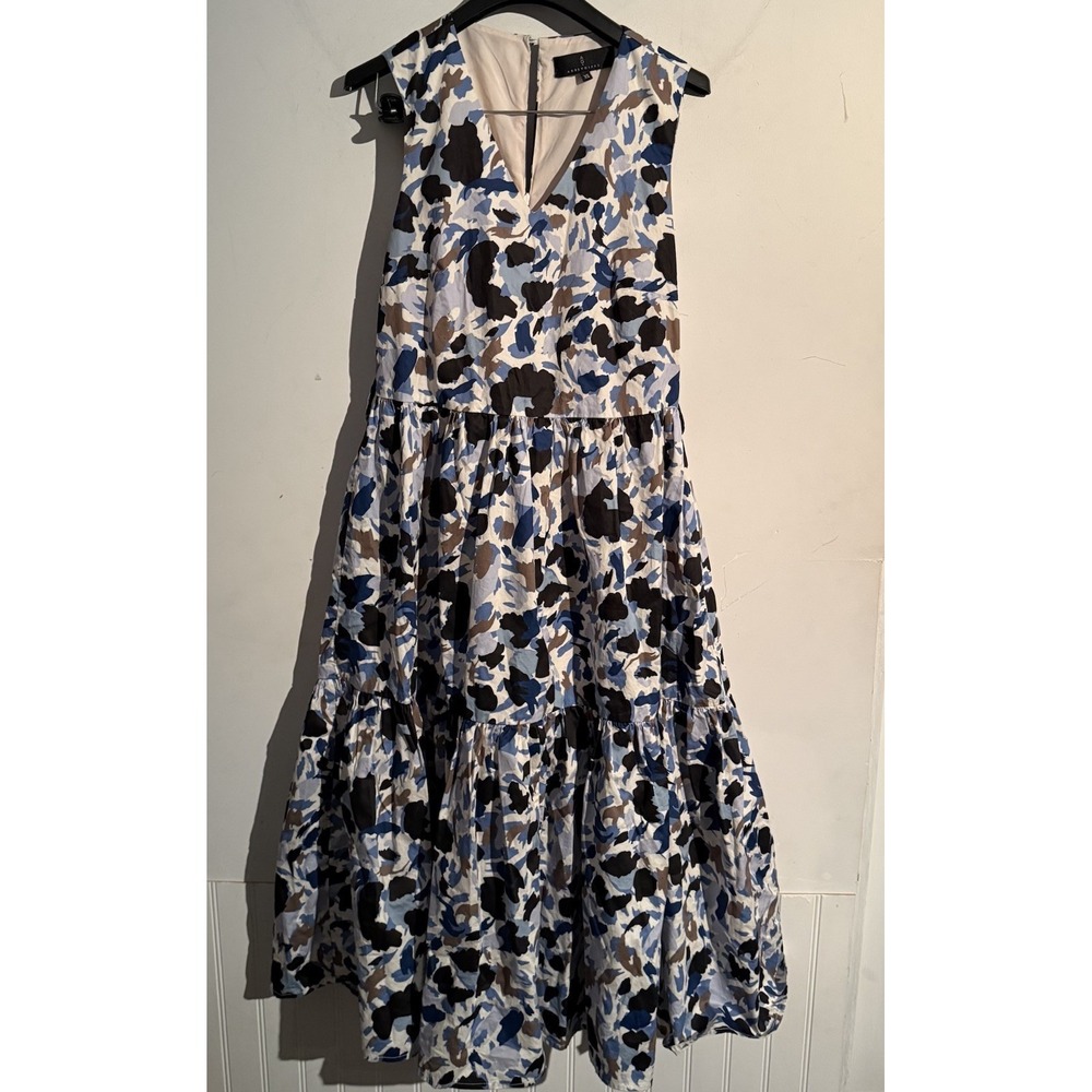Abbey Glass XS Boho Tiered Dress Maxi Sleeveless Coastal Abstract Watercolor